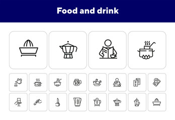 Wall Mural - Food and drink icons. Set of line icons on white background. Menu, teapot, wine, restaurant location. Restaurant concept. Vector illustration can be used for topics like catering, service, kitchenware