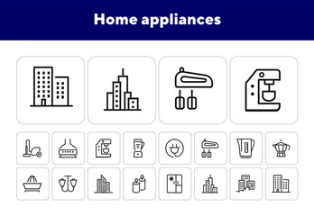 Sticker - Home appliances line icon set. Vacuum cleaner, coffee machine, apartment, candle. Home concept. Can be used for topics like household, kitchen, utensil, house