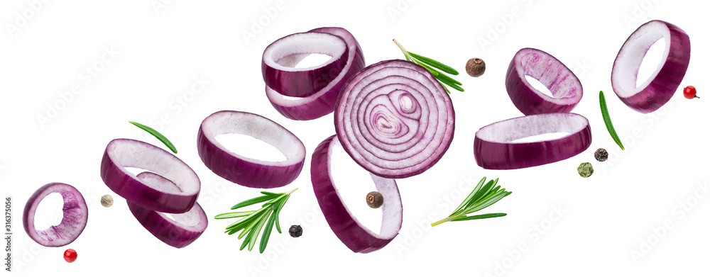 Sliced red onion rings isolated on white background with clipping path - obrazy, fototapety, plakaty 