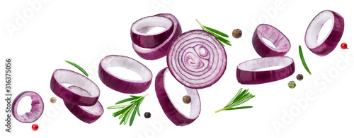 Cuadros en Lienzo Sliced red onion rings isolated on white background with clipping path