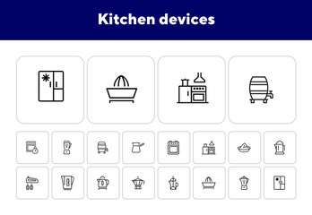 Wall Mural - Kitchen devices line icon set. Set of line icons on white background. Kettle, tea pot, mixer. Cooking concept. Vector illustration can be used for topics like home, food, cooking