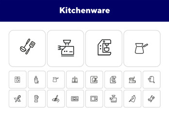 Sticker - Kitchenware line icon set. Set of line icons on white background. Mixer, oven, knife. Cooking concept. Vector illustration can be used for topics like home, food, cooking