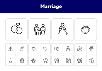 Poster - Marriage line icon set. Wedding rings, couple, child. Family concept. Can be used for topics like celebration, holiday, having baby