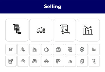 Sticker - Selling line icon set. Invoice, bill, handshaking, cash. Business concept. Can be used for topics like finance, dealing, contract, partnership