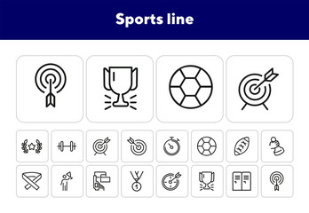 Sticker - Sports line icons. Set of line icons. First place, soccer ball, weight barbell. Sports concept. Vector illustration can be used for topics like competition, sport