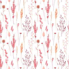 Beautiful seamless pattern with watercolor herbarium wild dried grass in pink and yellow colors. Stock illustration.