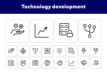 Technology development line icon set. Database, face detection, filter. Information technology concept. Can be used for topics like data processing, coding, software