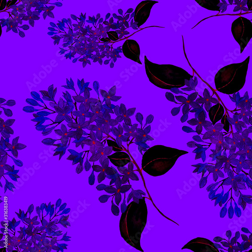 Watercolor seamless pattern with spring flowers: tulips, daffodils, lilac, mi...