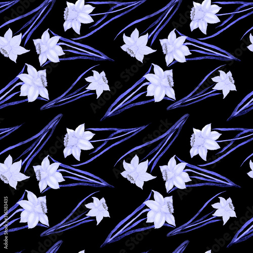 Watercolor seamless pattern with spring flowers: tulips, daffodils, lilac, mi...