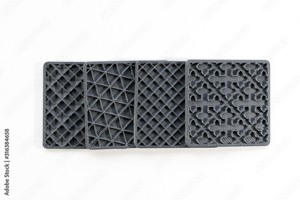 Different Infill Types Different types of infill on 3d printed objects, white background Stock ...