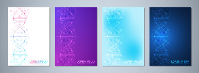 Wall Mural - Vector template for cover or brochure, with molecules background and DNA strand. Medical or scientific and technological concept.