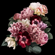 Dark Pink Peony, White Roses, Red Anemone, Purple Tulip Isolated On Black Background. Floral Arrangement, Bouquet Of Garden Flowers. Can Be Used For Wedding Invitations, Greeting Card.