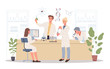 Positive lab workers analyzing samples. Scientists conducting chemical experiment flat vector illustration. Science, medical test, laboratory concept for banner, website design or landing web page