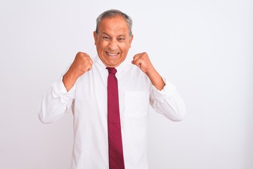 Wall Mural - Senior grey-haired businessman wearing elegant tie over isolated white background excited for success with arms raised and eyes closed celebrating victory smiling. Winner concept.