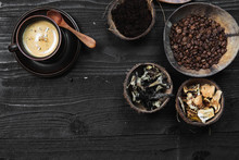 Coffee Superfood Trend, Birch Mushroom Chaga, Lion's Mane Mushroom, Monkey Head Mushroom, Cordyceps, Dry And Fresh Mushrooms And Coffee Beans On Dark Background