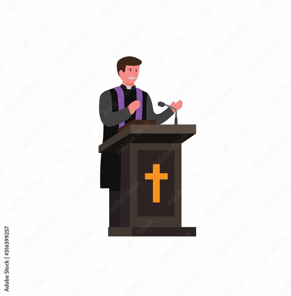 Church Rector Cartoon pastor, priest, preacher speaking in podium with bible, cartoon flat ...
