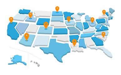 Mappa degli stati uniti d'america con icone gps. Illustrazione vettoriale isolata sullo sfondo bianco