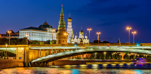 Sightseeing Of Moscow, Russia. The view of Moscow Kremlin and Moscow river. Beautiful night view.