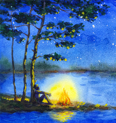  Watercolor night landscape. Bonfire by the river