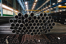 High Quality Galvanized Steel Pipe Or Aluminum And Chrome Stainless Pipes In Stack Waiting For Shipment  In Warehouse