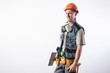 © Artsiom P - Builder with a spatula. With a funny face. In work clothes and hard hat. On a light gray background.