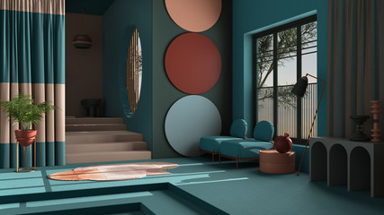 Pastel colors and metaphysical abstract object for flat living room in classic space, concrete staircase and blue walls, armchairs and potted plant, carpet and lamps, interior design