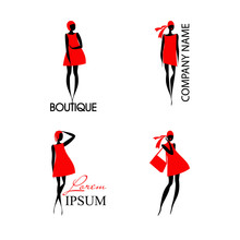 Logos With Fashion Woman And Text. Black Silhouette Of Lady In Red Dress. An Excellent Logo Template For Your Company.