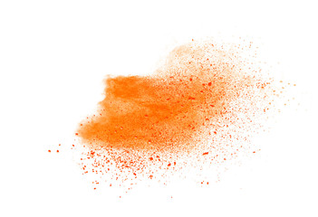 Wall Mural - abstract orange powder explosion. closeup of orange dust particle splash isolated on white backgroun