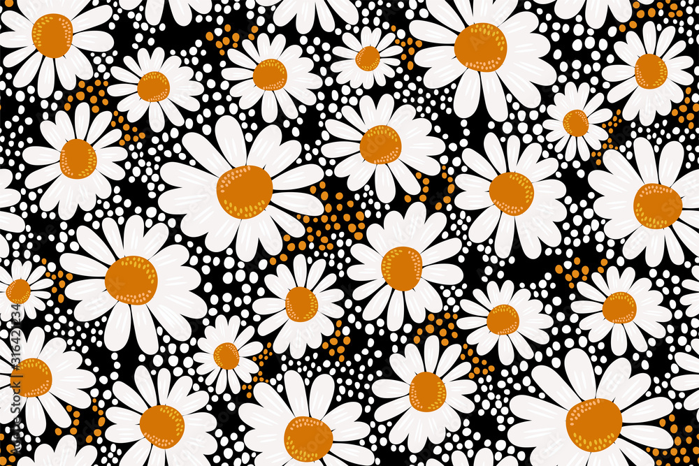 Floral pattern in daisies flowers on a dark (black) background with ...