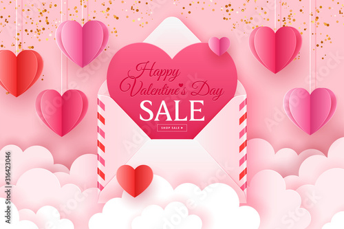 Fotografía Valentines day sale banner template for social media advertising, invitation or poster design with paper art heart shapes and envelope background