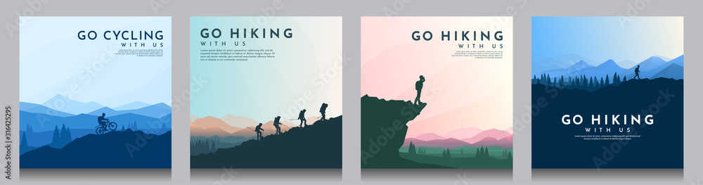 Vector brochure cards set. Travel concept of discovering, exploring and observing nature. Hiking. Climbing. Adventure tourism. Flat design for social media, blog post, poster, invitation. gift card. - obrazy, fototapety, plakaty 