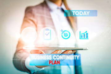 Wall Mural - Conceptual hand writing showing Business Continuity Plan. Concept meaning creating systems prevention deal potential threats Female human wear formal work suit presenting smart device