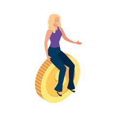 beautiful woman sitting in coin isolated icon vector illustration design