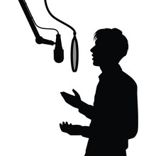 Young Man With Microphone In Studio Silhouette Vector, Radio Broadcaster, Singer