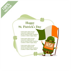 Vector Saint Patrick’s Day layout frame border with cartoon leprechaun, shamrock isolated on white background. Irish holiday themed banner or invitation with place for text. Cute funny spring card