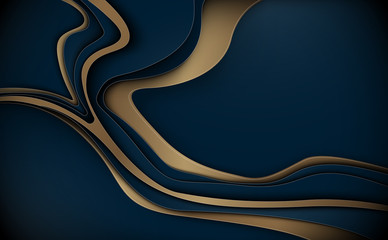 Abstract wavy layers pattern with luxury dark blue and gold background. Vector illustration