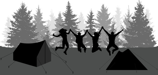 Silhouettes of happy jumping people in forest. Camping, nature. Vector illustration.