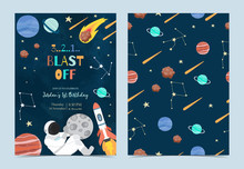 Collection Of Space Background Set With Astronaut, Sun, Moon, Star,rocket.Editable Vector Illustration For Website, Invitation,postcard And Sticker.Include Wording 3 2 1 Blast Off