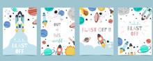 Collection Of Space Background Set With Astronaut, Sun, Moon, Star,rocket.Editable Vector Illustration For Website, Invitation,postcard And Sticker.Include Wording Out Of This World,blast Off