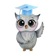 © alexlaz - smart gray owl in a blue hat on a white background with watercolor in cartoon style