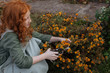 Red-haired girl cuts a flowering Bush