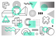 Geometric design and memphis style elements with halftone effects and turquoise shapes