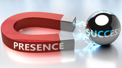 Wall Mural - Presence helps achieving success - pictured as word Presence and a magnet, to symbolize that Presence attracts success in life and business, 3d illustration