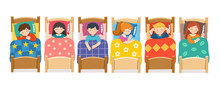 Set Of Children Character Lying In Different Postures During Night Slumber. Boys And Girls Sleeping In Bed In Various Poses. Bedtime And Rest. Vector Illustration.