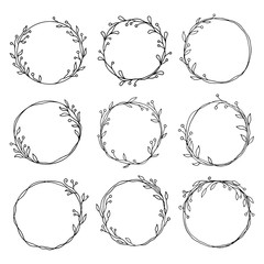 Wall Mural - Hand drawn set of cicle floral frame. Border for banner, wedding, greeting card design. Sketch style vector illustration. Copy space for text. Ink drawing.