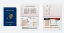 Biometric Passport Template. Travel Id Card Mockup With Tourist Visa. International Pass. Departure And Arrival Airport Stamp In Document. Vector Illustration.