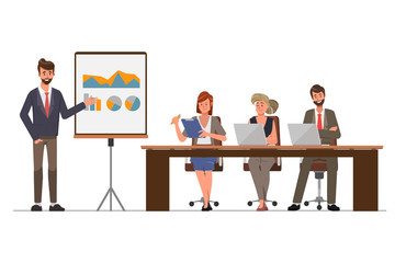 Businesman presenting to business professional and office teamwork. Cartoon vector illustration in flat style.