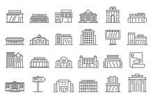 Exhibition Center Icons Set. Outline Set Of Exhibition Center Vector Icons For Web Design Isolated On White Background