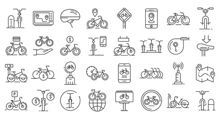 Poster - Rent a bike icons set. Outline set of rent a bike vector icons for web design isolated on white background