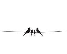 Birds Silhouettes On Wire, Vector. Family Birds Illustration. Scandinavian Minimalist Art Design, Wall Decals, Wall Artwork, Home Decor. Poster Design Isolated On White Background